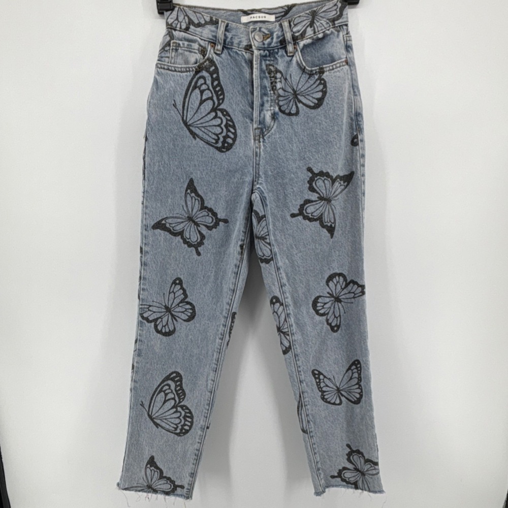PacSun High Rise Straight Jeans Butterfly Print Y2K Blue Raw Hem‎ Size 24
